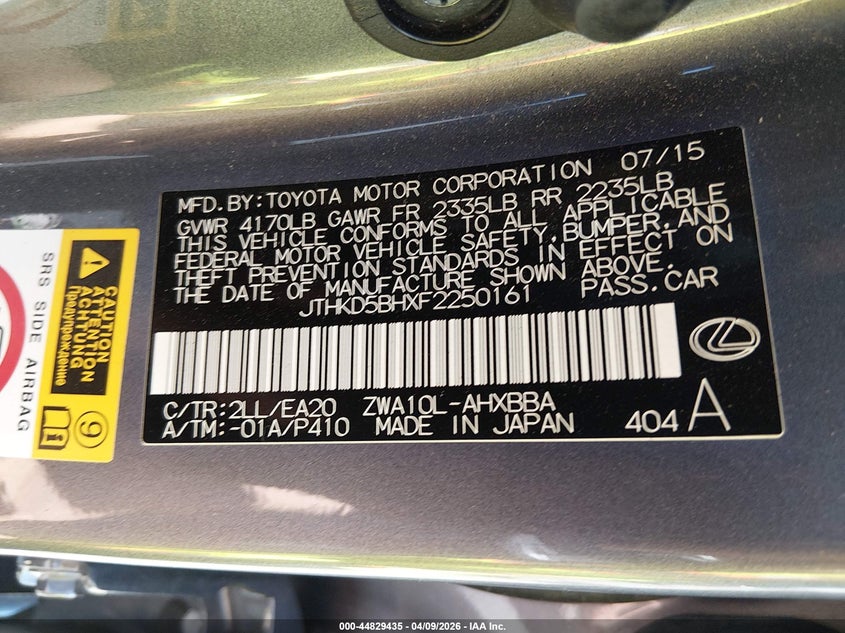 2015 Lexus Ct VIN JTHKD5BHXF2250161 IAAI salvage auction — FRONT END, Salvage (New Mexico), sold $650 on 2026-07-13 (photo 9)