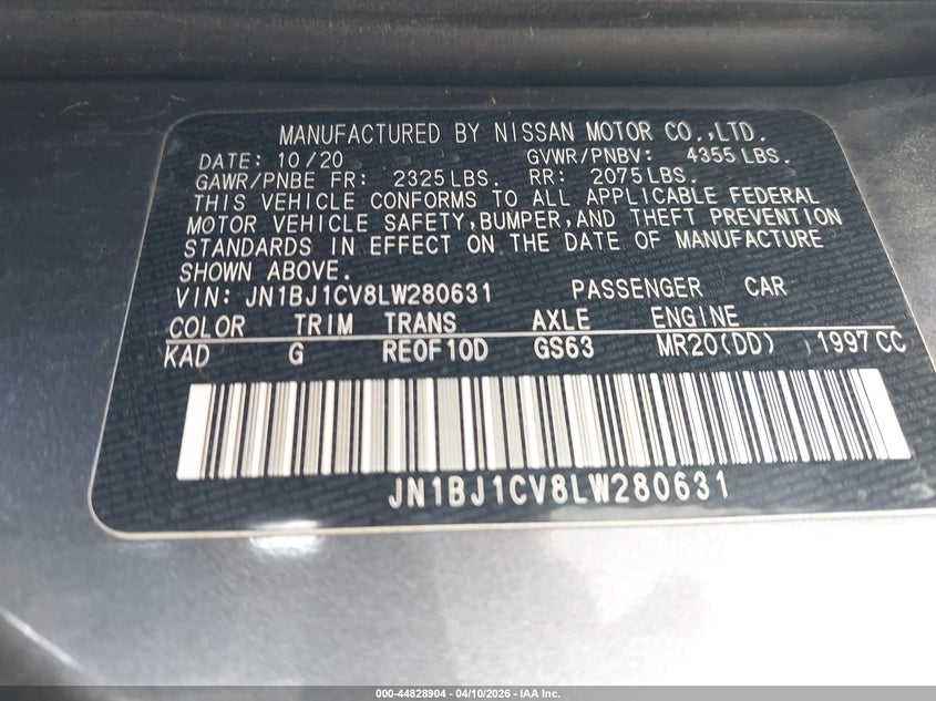 2020 Nissan Rogue VIN JN1BJ1CV8LW280631 IAAI salvage auction — FRONT END, Original (Texas), sold $2,350 on 2026-07-07 (photo 9)