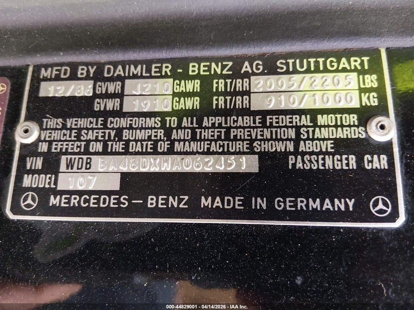 1987 Mercedes-benz VIN WDBBA48DXHA062451 IAAI salvage auction — FRONT END, Salvage (Ohio), sold $4,250 on 2026-07-29 (photo 9)
