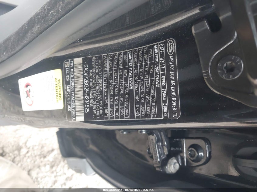 2017 Land rover Range rover evoque VIN SALVP2BG2HH234525 IAAI salvage auction — ENGINE DAMAGE, Wait Title, sold $1,700 on 2026-07-14 (photo 9)