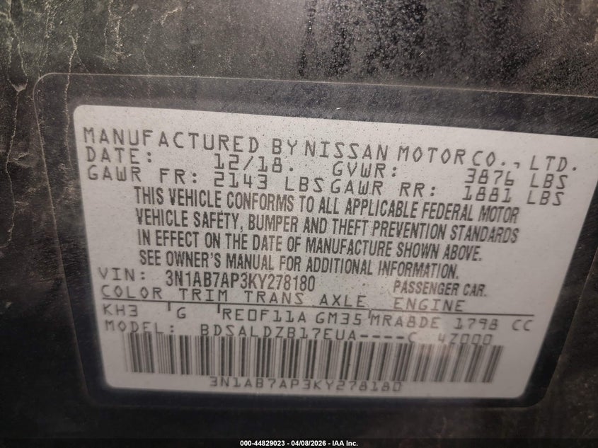 2019 Nissan Sentra VIN 3N1AB7AP3KY278180 IAAI salvage auction — FRONT END, Salvage (Illinois), sold $500 on 2026-07-10 (photo 7)