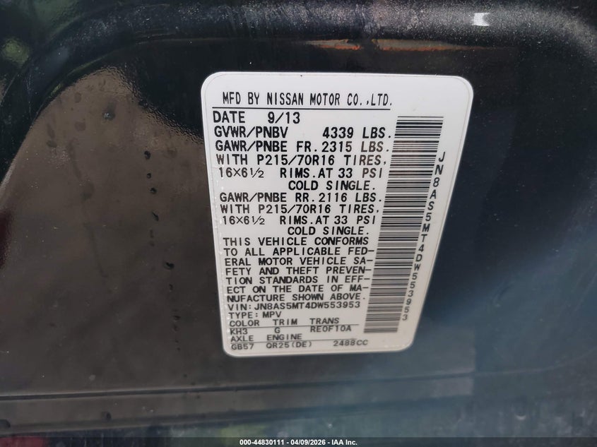 2013 Nissan Rogue VIN JN8AS5MT4DW553953 IAAI salvage auction — FRONT END, Original (Texas), sold $425 on 2026-07-20 (photo 9)
