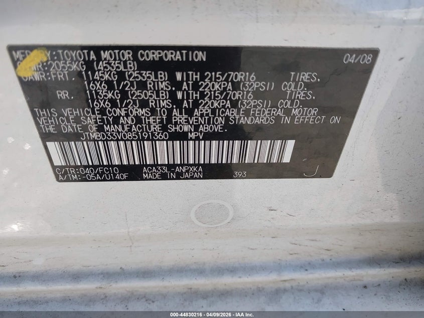 2008 Toyota Rav4 VIN JTMBD33V085191360 IAAI salvage auction — REAR END, Salvage (Oregon), sold $3,100 on 2026-07-30 (photo 9)