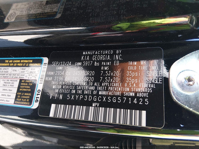 2025 Kia Telluride VIN 5XYP3DGCXSG571425 IAAI salvage auction — REAR END, Salvage (New Jersey), sold $10,750 on 2026-07-27 (photo 9)