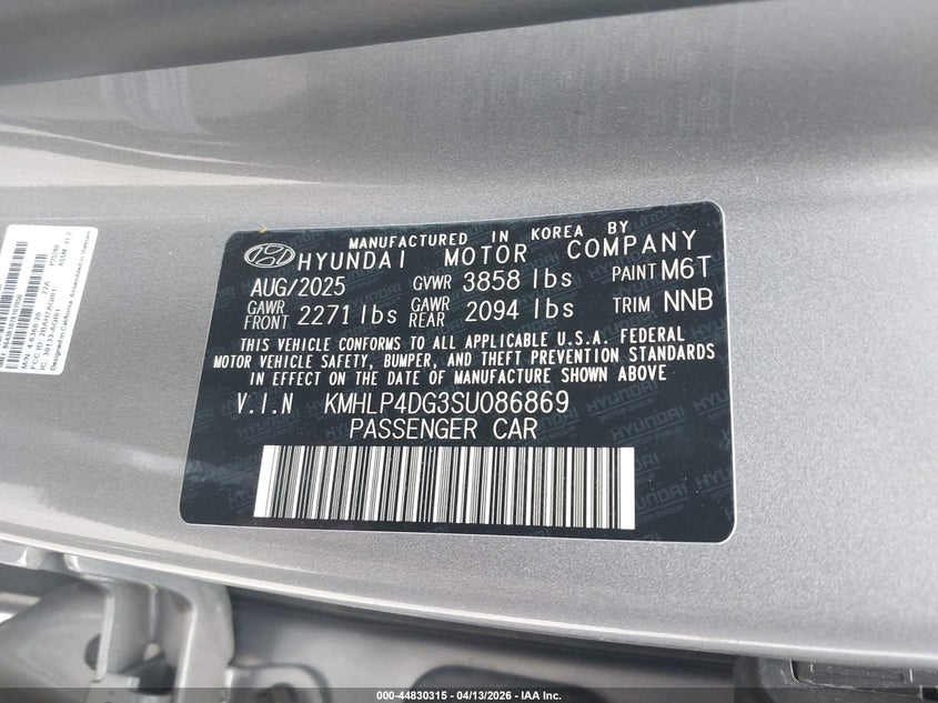 2025 Hyundai Elantra VIN KMHLP4DG3SU086869 IAAI salvage auction — RIGHT FRONT, Salvage Title, sold $7,000 on 2026-07-14 (photo 9)