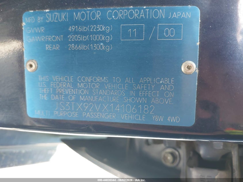 2001 Suzuki Grand vitara VIN JS3TX92VX14106182 IAAI salvage auction — NORMAL WEAR, Clear (Tennessee), sold $25 on 2026-07-21 (photo 9)