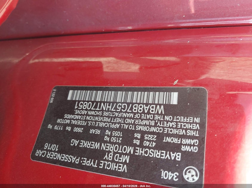 2017 BMW 3er VIN WBA8B7G57HNT70851 IAAI salvage auction — FRONT END, Salvage Title, sold $4,550 on 2026-07-24 (photo 9)