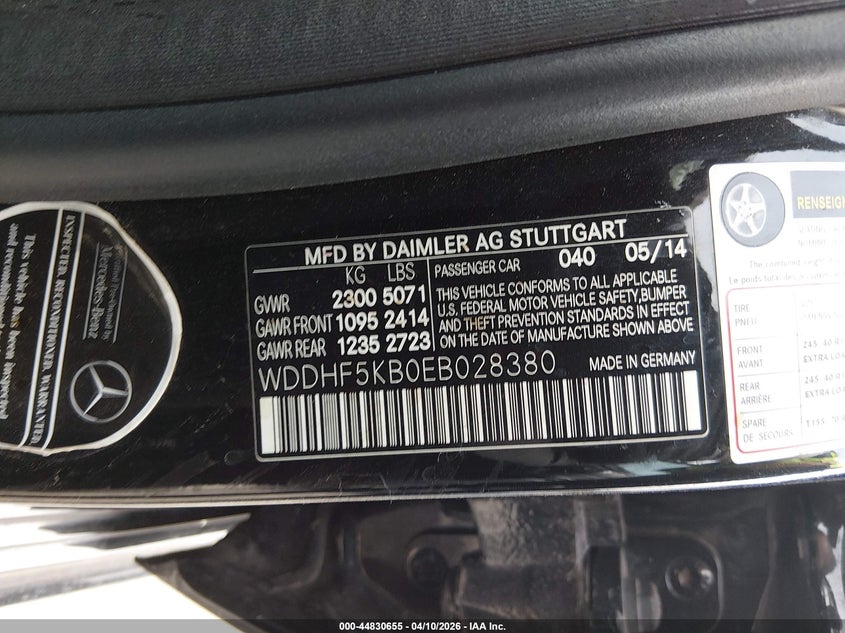 2014 Mercedes-benz E-klasse VIN WDDHF5KB0EB028380 IAAI salvage auction — FRONT END, Salvage (Texas), sold $1,300 on 2026-07-08 (photo 9)