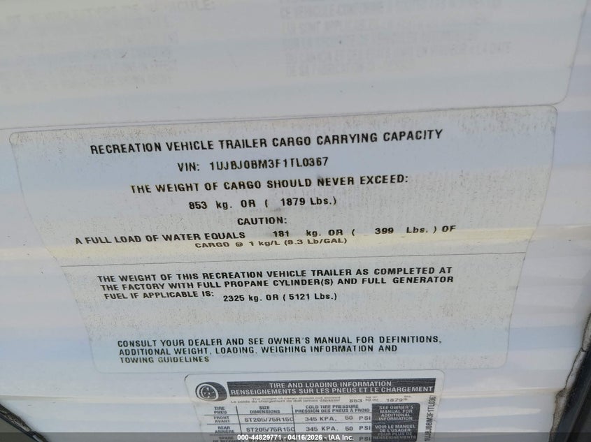 2015 Jayco Jay flight VIN 1UJBJ0BM3F1TL0367 IAAI salvage auction — HAIL, Wait Title, sold $4,200 on 2026-09-04 (photo 9)