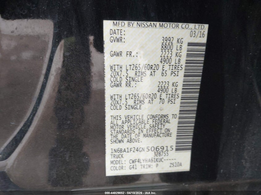 2016 Nissan TITAN VIN 1N6BA1F24GN506915 IAAI salvage auction — FRONT END, Original (Texas), sold $5,700 on 2026-07-09 (photo 9)