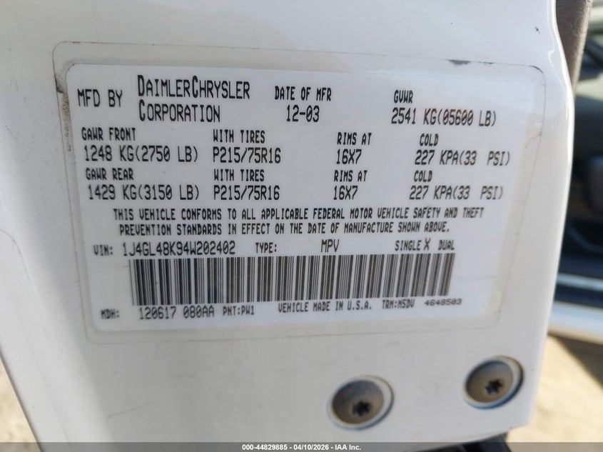 2004 Jeep Liberty VIN 1J4GL48K94W202402 IAAI salvage auction — REAR END, Bill Of Sale (Washington), sold $525 on 2026-07-25 (photo 9)