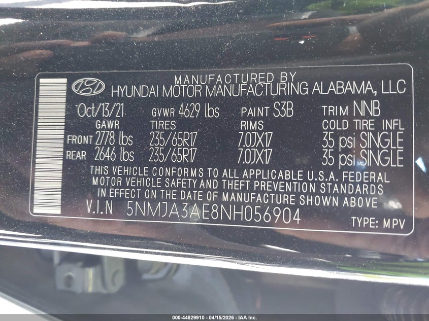 2022 Hyundai Tucson VIN 5NMJA3AE8NH056904 IAAI salvage auction — FRONT END, Salvage (South Carolina), sold $5,000 on 2026-07-10 (photo 9)