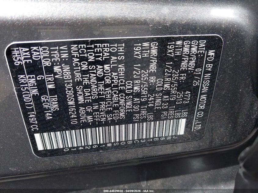 2025 Nissan Rogue VIN JN8BT3CB0SW162410 IAAI salvage auction — FRONT END, Salvage Title, sold $8,000 on 2026-07-23 (photo 9)