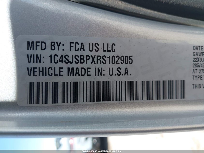 2024 Jeep Grand wagoneer VIN 1C4SJSBPXRS102905 IAAI salvage auction — RIGHT FRONT, Original (Texas), sold $16,100 on 2026-07-28 (photo 9)