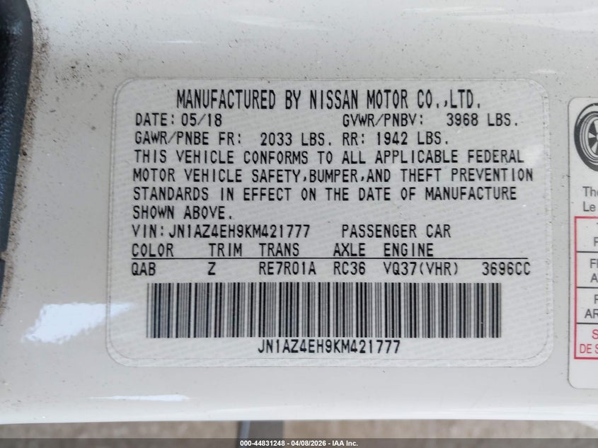 2019 Nissan 370z VIN JN1AZ4EH9KM421777 IAAI salvage auction — THEFT, Salvage Title, sold $2,750 on 2026-07-22 (photo 9)