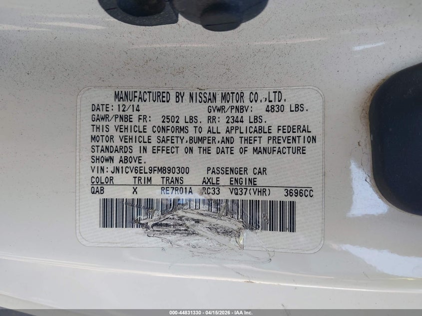 2015 Infiniti Q60 VIN JN1CV6EL9FM890300 IAAI salvage auction — STRIPPED, Mv-907A (New York), sold $425 on 2026-07-14 (photo 9)