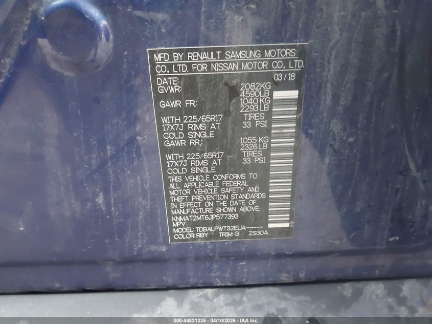 2018 Nissan Rogue VIN KNMAT2MT6JP577393 IAAI salvage auction — LEFT SIDE, Salvage Title, sold $900 on 2026-07-15 (photo 9)