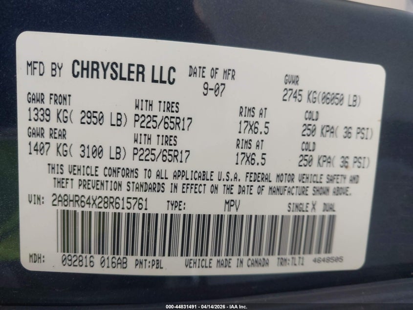 2008 Chrysler Town & country VIN 2A8HR64X28R615761 IAAI salvage auction — REAR END, Clear (Illinois), sold $275 on 2026-07-28 (photo 9)