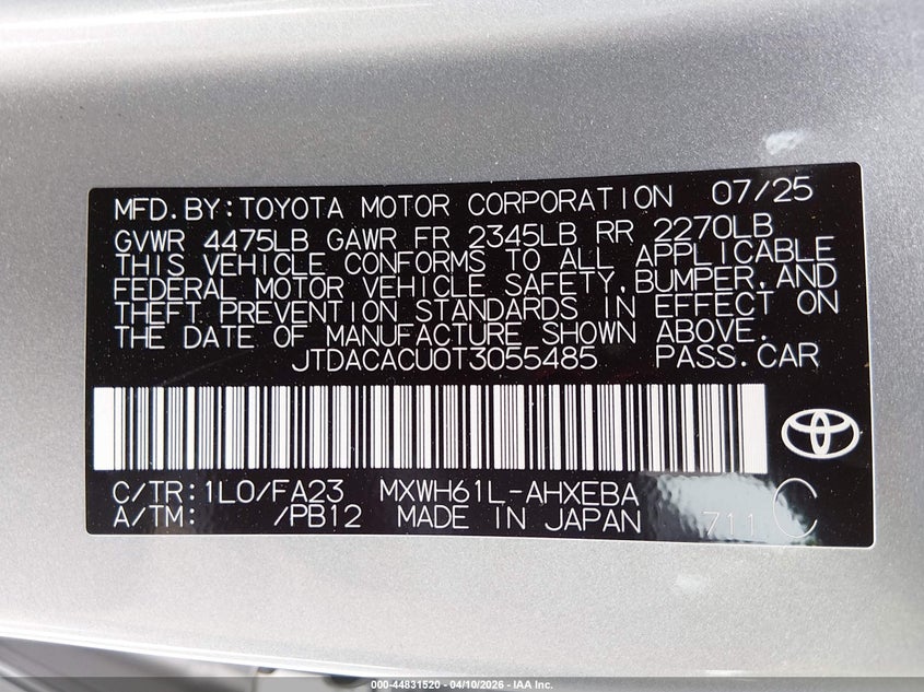 2026 Toyota Prius VIN JTDACACU0T3055485 IAAI salvage auction — LEFT FRONT, Salvage (Illinois), sold $5,300 on 2026-07-21 (photo 9)