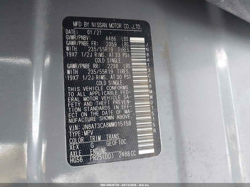 2021 Nissan Rogue VIN JN8AT3CA8MW015158 IAAI salvage auction — FRONT & REAR, Salvage (Texas), sold $25 on 2026-07-30 (photo 9)