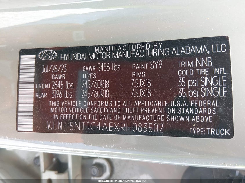 2024 Hyundai Santa cruz VIN 5NTJC4AEXRH083502 IAAI salvage auction — LEFT & RIGHT, Salvage (Alabama), sold $2,500 on 2026-07-09 (photo 9)