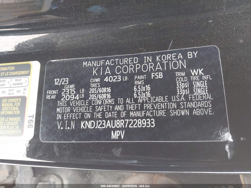 2024 Kia Soul VIN KNDJ23AU8R7228933 IAAI salvage auction — LEFT & RIGHT, Salvage Title, sold $300 on 2026-07-23 (photo 9)
