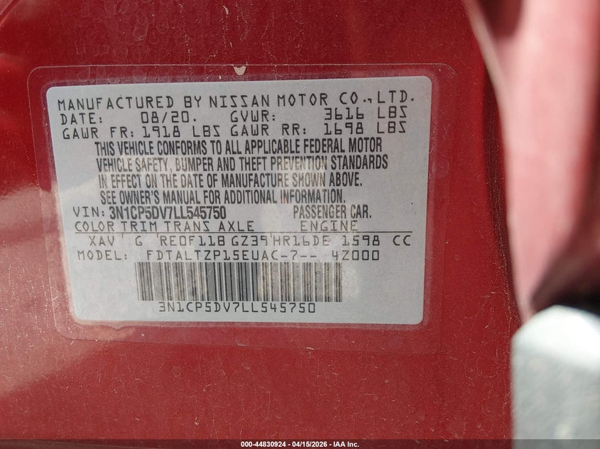 2020 Nissan Kicks VIN 3N1CP5DV7LL545750 IAAI salvage auction — FRONT END, Original (Kentucky), sold $1,850 on 2026-07-17 (photo 9)