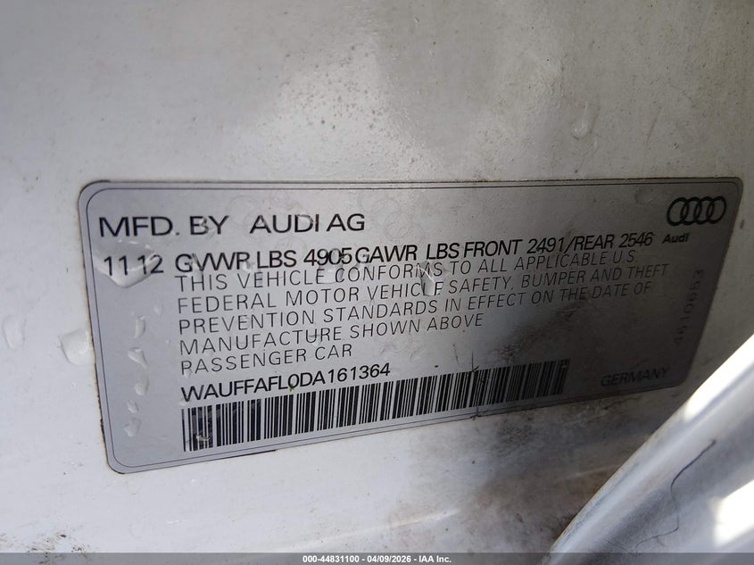 2013 Audi A4 VIN WAUFFAFL0DA161364 IAAI salvage auction — REAR END, Salvage Title, sold $650 on 2026-07-15 (photo 9)