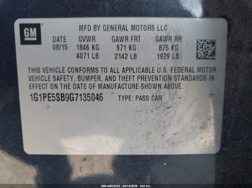 2016 Chevrolet Cruze Limited VIN 1G1PE5SB9G7135046 IAAI salvage auction — Rear End, Clear - Dealer Only (California), sold $300 on 2026-06-24 (photo 9)