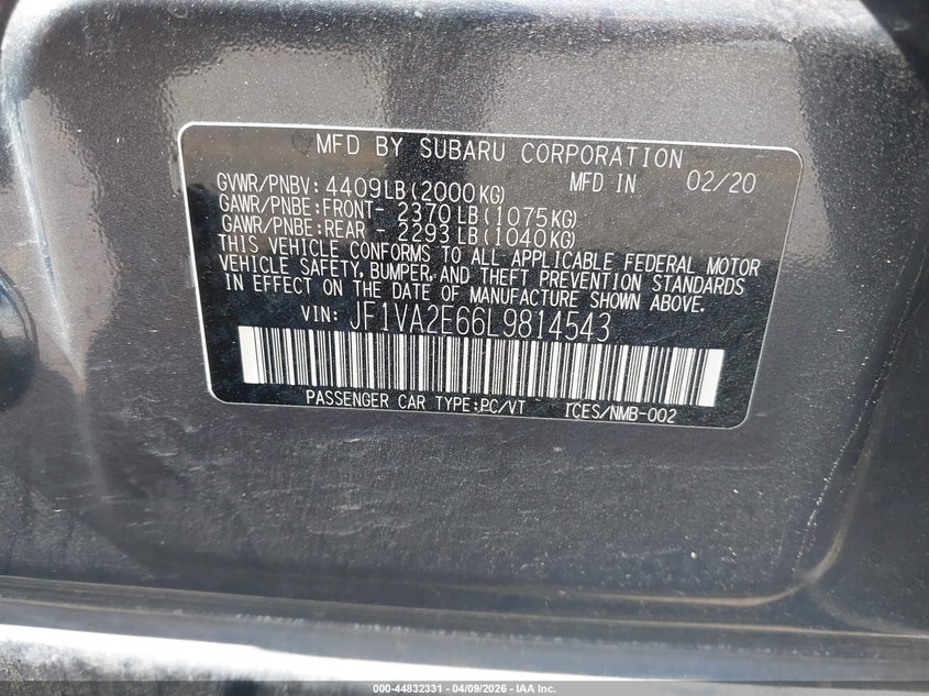2020 Subaru Wrx sti VIN JF1VA2E66L9814543 IAAI salvage auction — FRONT END, Salvage (Utah), sold $8,850 on 2026-07-16 (photo 9)