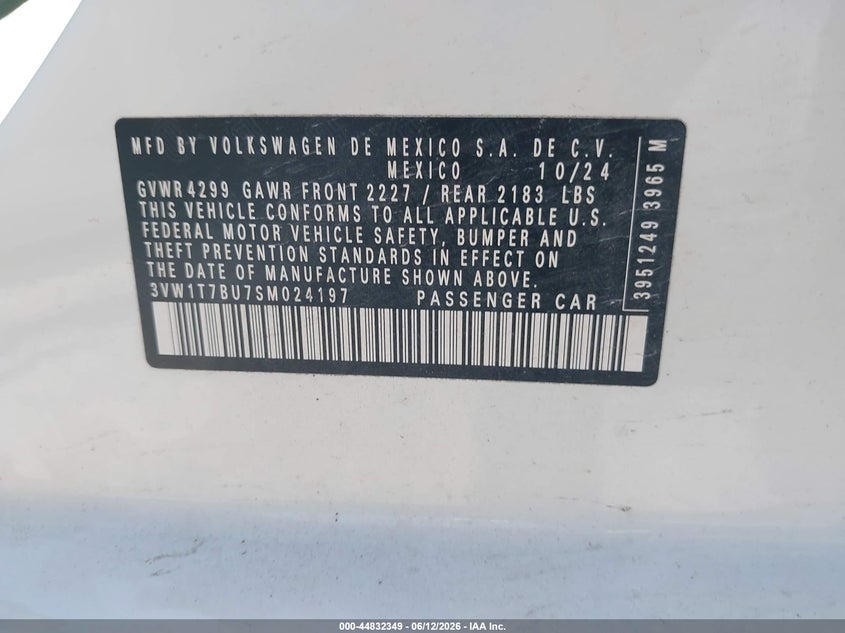 2025 Volkswagen Jetta VIN 3VW1T7BU7SM024197 IAAI salvage auction — REAR END, Salvage Title, sold $7,050 on 2026-09-02 (photo 9)