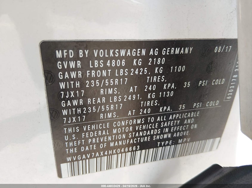 2017 Volkswagen Tiguan VIN WVGAV7AX4HK046663 IAAI salvage auction — LEFT FRONT, Wait Title, sold $1,400 on 2026-07-09 (photo 9)