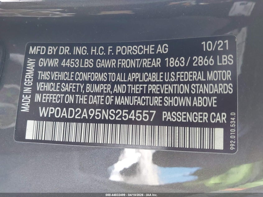 2022 Porsche 911 VIN WP0AD2A95NS254557 IAAI salvage auction — FRONT & REAR, Salvage (California), sold $111,000 on 2026-08-12 (photo 9)