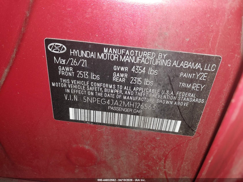 2021 Hyundai Sonata VIN 5NPEG4JA2MH126563 IAAI salvage auction — FRONT END, Salvage (Texas), sold $3,100 on 2026-08-01 (photo 9)