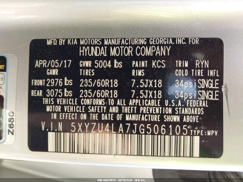 2018 Hyundai Santa fe VIN 5XYZU4LA7JG506105 IAAI salvage auction — FRONT END, Salvage (Indiana), sold $1,950 on 2026-07-16 (photo 9)