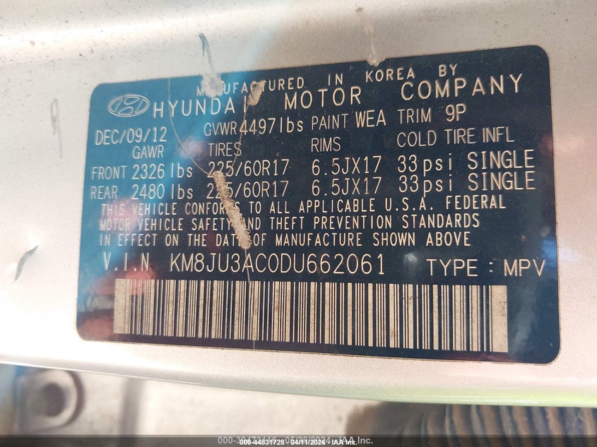 2013 Hyundai Tucson VIN KM8JU3AC0DU662061 IAAI salvage auction — LEFT FRONT, Salvage Title, sold $1,850 on 2026-08-03 (photo 9)
