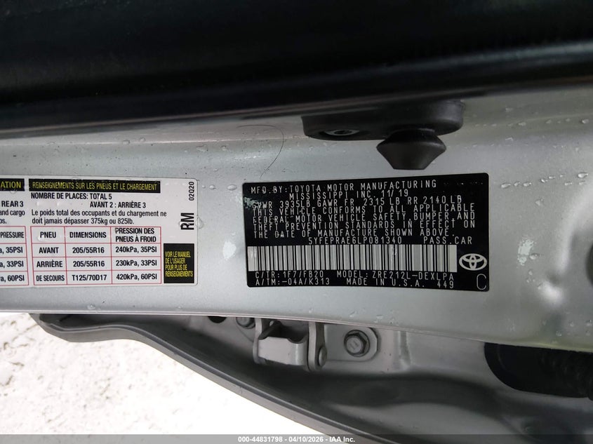 2020 Toyota Corolla VIN 5YFEPRAE6LP081340 IAAI salvage auction — FRONT END, Salvage Title, sold $3,050 on 2026-07-08 (photo 9)