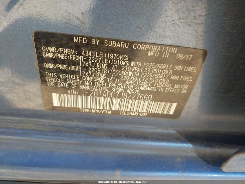 2018 Subaru VIN JF2GTADC7J8227660 IAAI salvage auction — FRONT END, Salvage (Georgia), sold $3,550 on 2026-07-28 (photo 9)