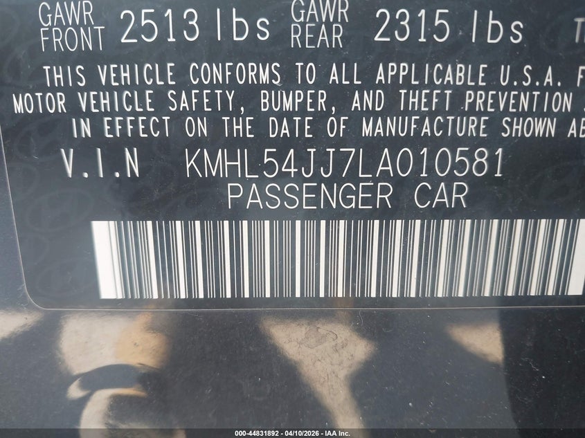 2020 Hyundai Sonata VIN KMHL54JJ7LA010581 IAAI salvage auction — FRONT END, Salvage (Massachusetts), sold $4,250 on 2026-07-10 (photo 9)