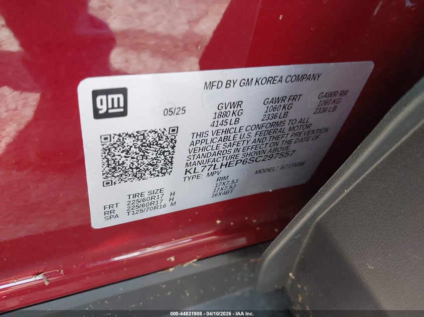 2025 Chevrolet Trax VIN KL77LHEP6SC297557 IAAI salvage auction — WATER/FLOOD, Clear (Oklahoma), sold $9,900 on 2026-07-08 (photo 9)