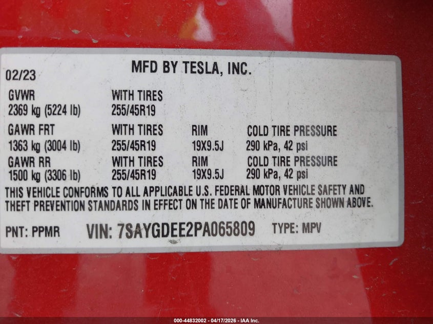 2023 Tesla Model y VIN 7SAYGDEE2PA065809 IAAI salvage auction — RIGHT FRONT, Salvage Title, sold $10,200 on 2026-07-08 (photo 9)