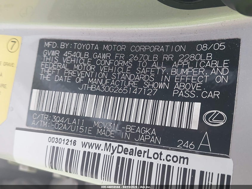 2006 Lexus Es 330 VIN JTHBA30G265147127 IAAI salvage auction — RIGHT FRONT, Salvage (Idaho), sold $1,325 on 2026-07-08 (photo 9)