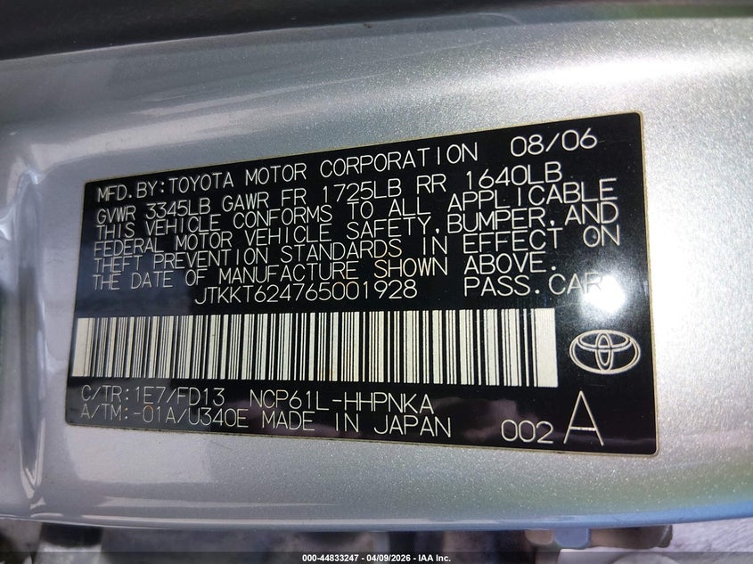 2006 Scion Xa VIN JTKKT624765001928 IAAI salvage auction — FRONT END, Salvage (Georgia), sold $325 on 2026-07-29 (photo 9)