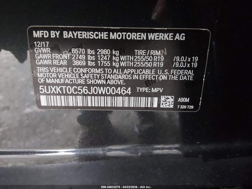 2018 BMW X5 VIN 5UXKT0C56J0W00464 IAAI salvage auction — WATER/FLOOD, Mv-907A (New York), sold $2,550 on 2026-07-30 (photo 9)