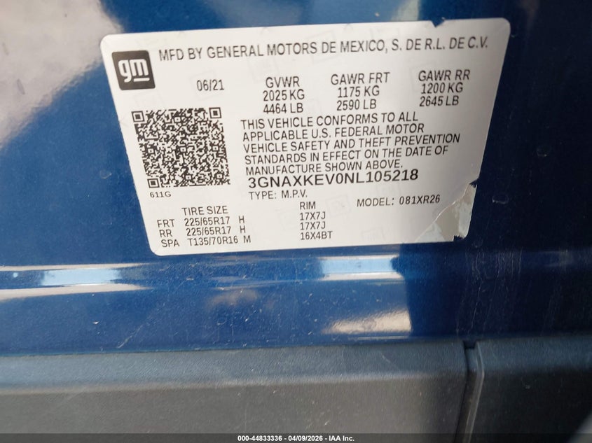 2022 Chevrolet Equinox VIN 3GNAXKEV0NL105218 IAAI salvage auction — FRONT END, Salvage Title, sold $3,200 on 2026-07-11 (photo 9)