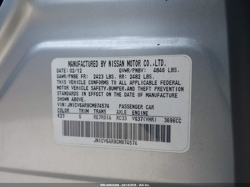 2012 Infiniti G VIN JN1CV6AR9CM974574 IAAI salvage auction — FRONT & REAR, Wait Title, sold $425 on 2026-07-10 (photo 9)