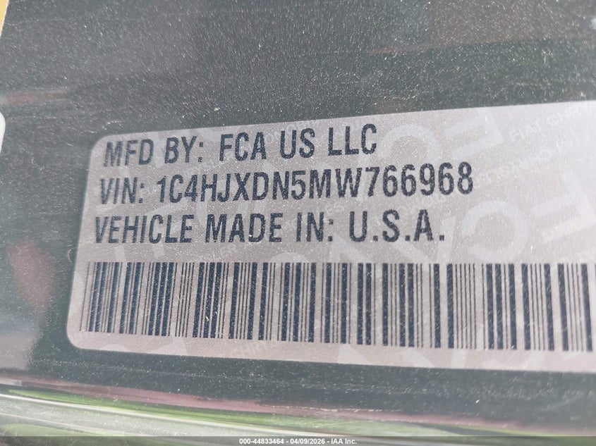 2021 Jeep Wrangler / VIN 1C4HJXDN5MW766968 IAAI salvage auction — SIDE, Original (Texas), sold $7,500 on 2026-09-20 (photo 9)