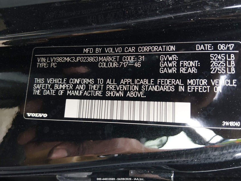 2018 Volvo S90 VIN LVY982MK3JP023863 IAAI salvage auction — HAIL, Salvage Title, sold $2,000 on 2026-07-28 (photo 9)