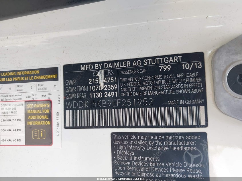 2014 Mercedes-benz E-klasse VIN WDDKJ5KB9EF251952 IAAI salvage auction — NORMAL WEAR, Salvage (Texas), sold $1,100 on 2026-07-20 (photo 9)