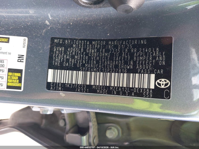 2025 Toyota Corolla VIN 5YFS4MCE1SP227816 IAAI salvage auction — LEFT SIDE, Salvage (Kentucky), sold $8,000 on 2026-07-13 (photo 9)